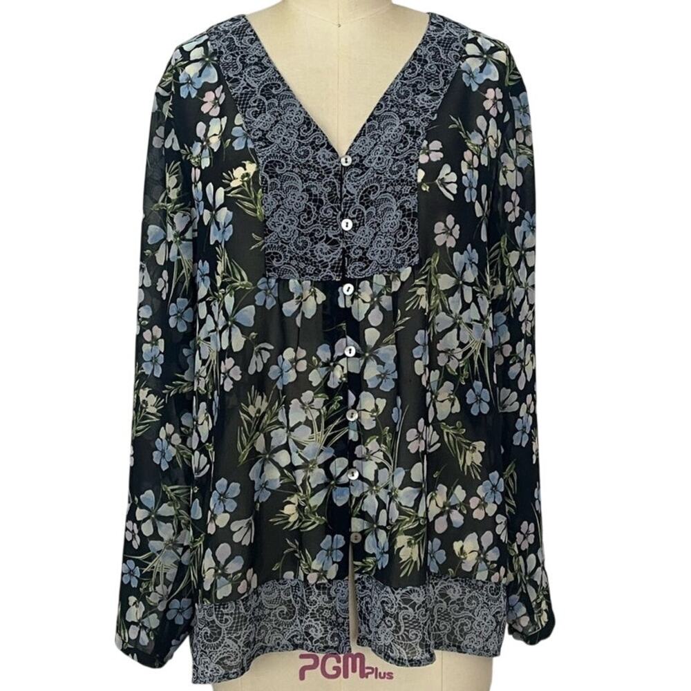 J. Jill L Blue Semi Sheer Floral Boho Lace Blouse Cottagecore $89 Feminine Flowy